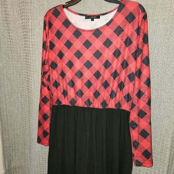 Red & Black Plaid Long Sleeve Maxi Dress with Pockets | Size Large - Picture 5 of 6